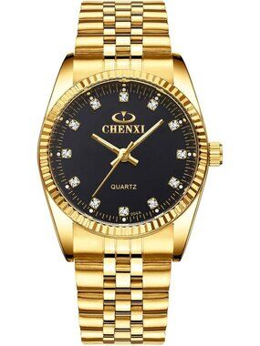 Women's Black Analog Classic Golden Stainless Steel Crystals Quartz Wrist Watch